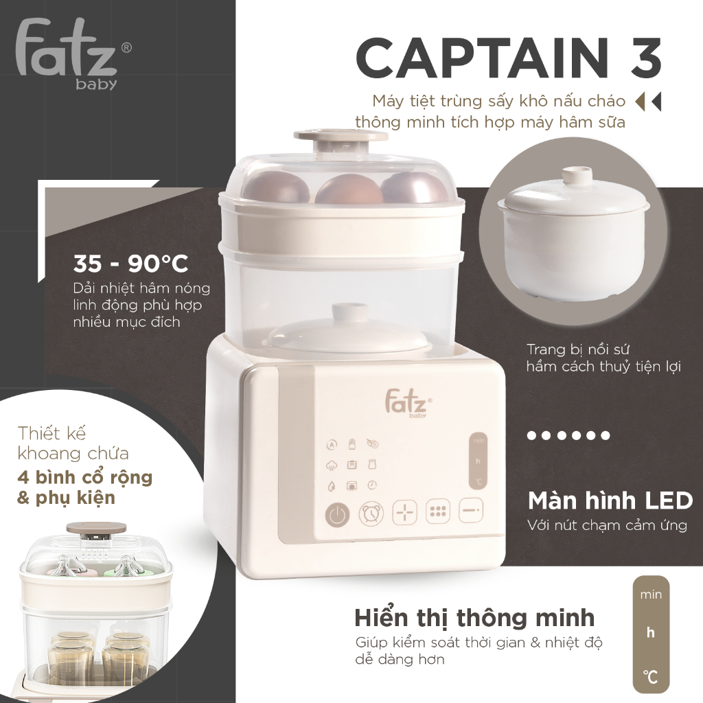 Máy Tiệt Trùng Sấy Khô, Nấu Cháo Thông Minh Tích Hợp Hâm Sữa Fatz Baby - Captain 2 FB4315SL